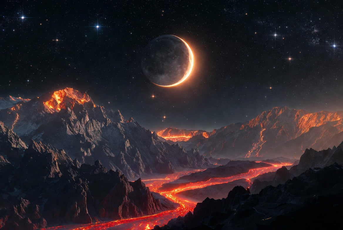 New moon in Aries over fiery volcanic landscape symbolizing powerful new beginnings and transformation