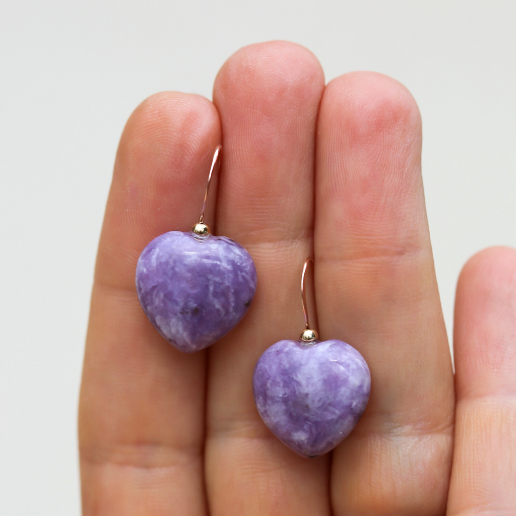 Cercei lepidolit, aur filat – Hearts Lavender, pietre semipretioase - druzy.ro 2 